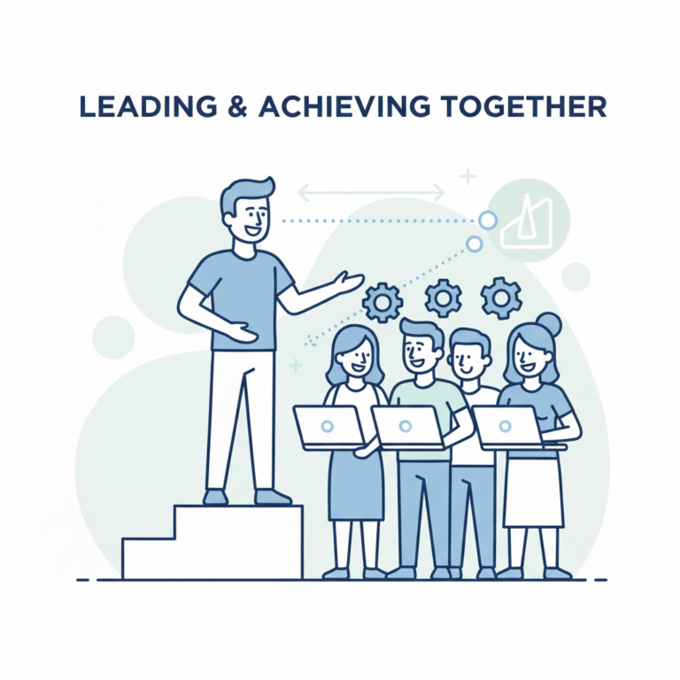 An illustration of a positive leader collaboratively guiding a smiling IT team towards shared goals, emphasizing the importance of supportive leadership and teamwork.