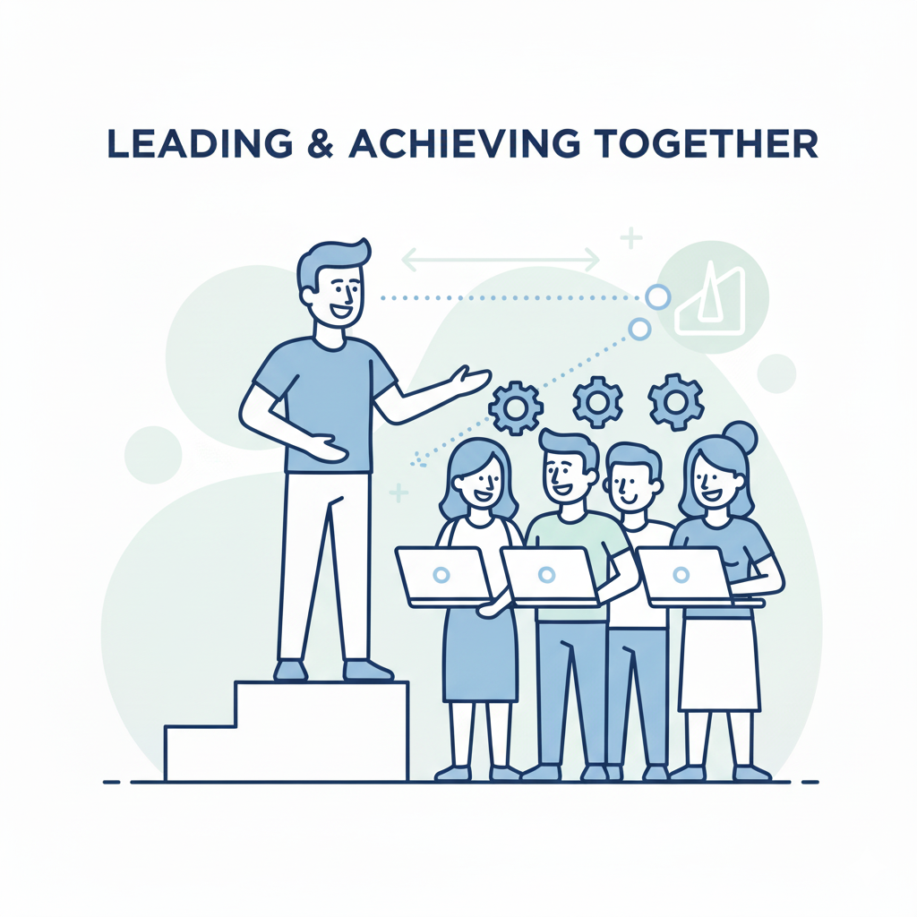 An illustration of a positive leader collaboratively guiding a smiling IT team towards shared goals, emphasizing the importance of supportive leadership and teamwork.