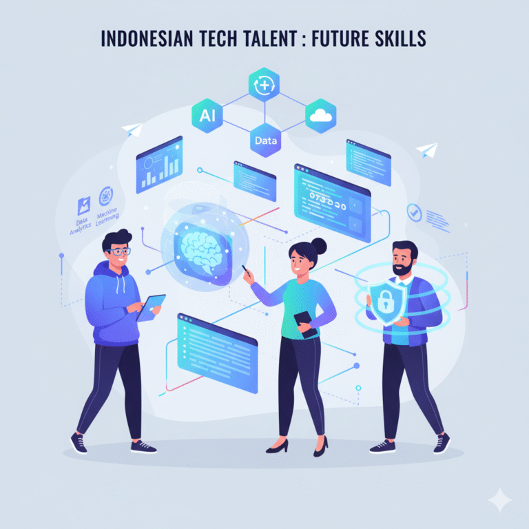 Ilustrasi berjudul "INDONESIAN TECH TALENT: FUTURE SKILLS" yang menunjukkan tiga profesional teknologi berinteraksi dengan konsep digital yang saling terhubung seperti AI, Data, dan Cybersecurity, merepresentasikan keterampilan masa depan esensial bagi talenta teknologi Indonesia.