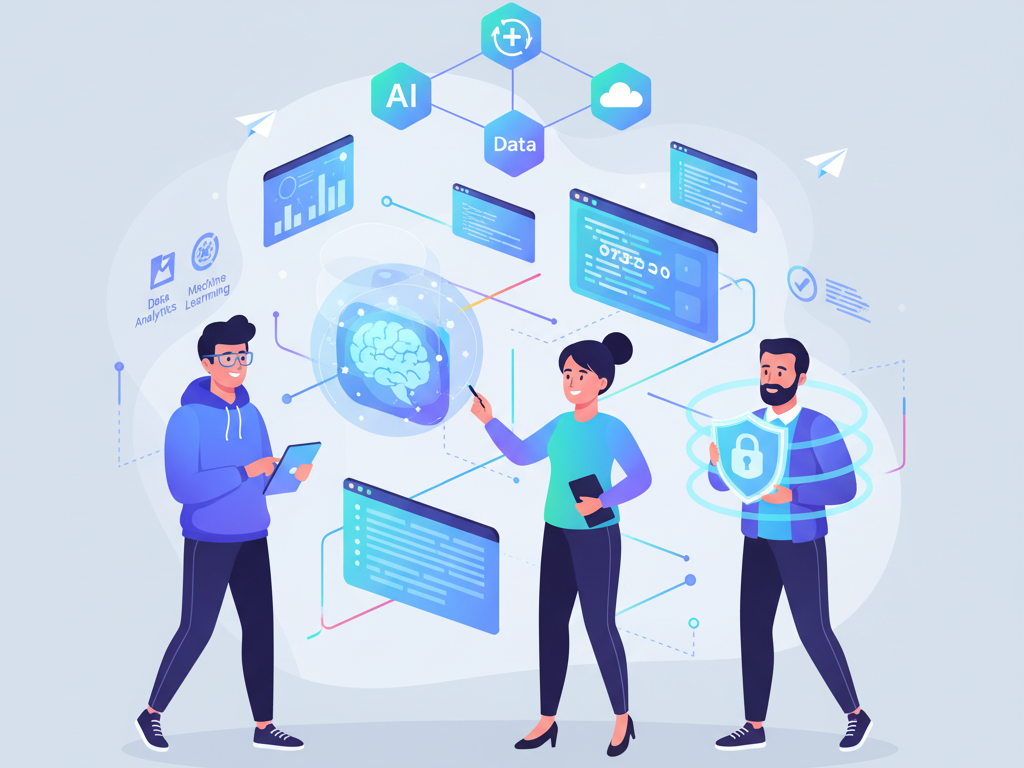 Ilustrasi berjudul "INDONESIAN TECH TALENT: FUTURE SKILLS" yang menunjukkan tiga profesional teknologi berinteraksi dengan konsep digital yang saling terhubung seperti AI, Data, dan Cybersecurity, merepresentasikan keterampilan masa depan esensial bagi talenta teknologi Indonesia.