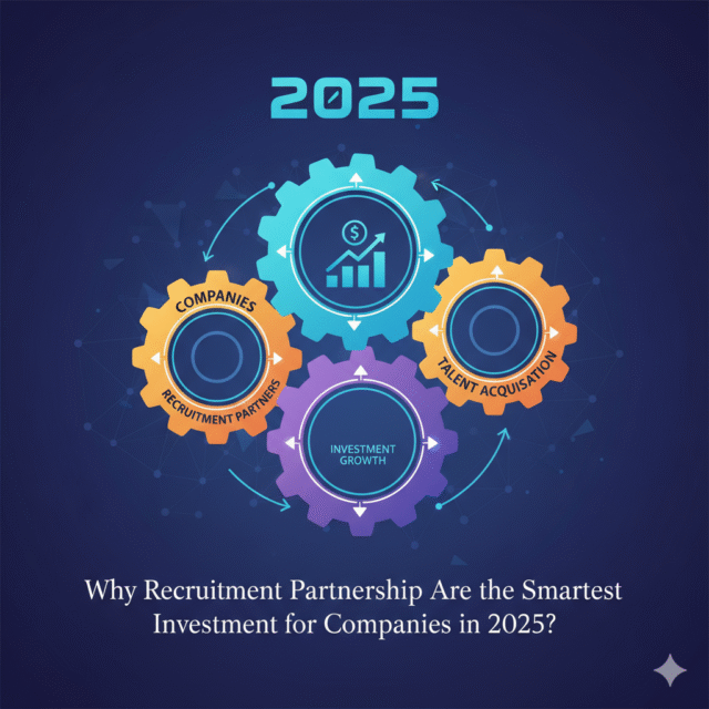 An infographic for 2025 illustrating the interconnected benefits of recruitment partnerships, showing gears labeled "Companies," "Recruitment Partners," and "Talent Acquisition" all driving "Investment Growth" and financial returns.