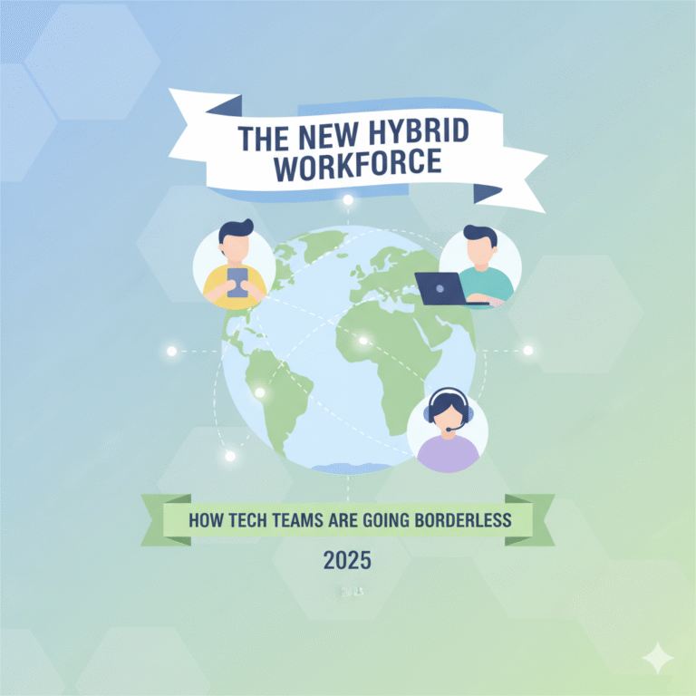 An illustration of a borderless tech team collaborating remotely, representing the new hybrid workforce.