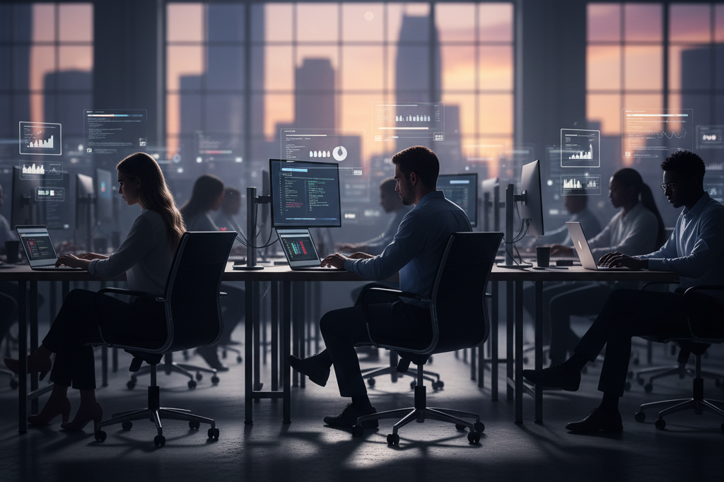 Visualisasi pasar kerja yang kompetitif, dengan beberapa profesional yang bekerja dengan tekun di sebuah kantor modern untuk bisa menonjol di antara yang lain.