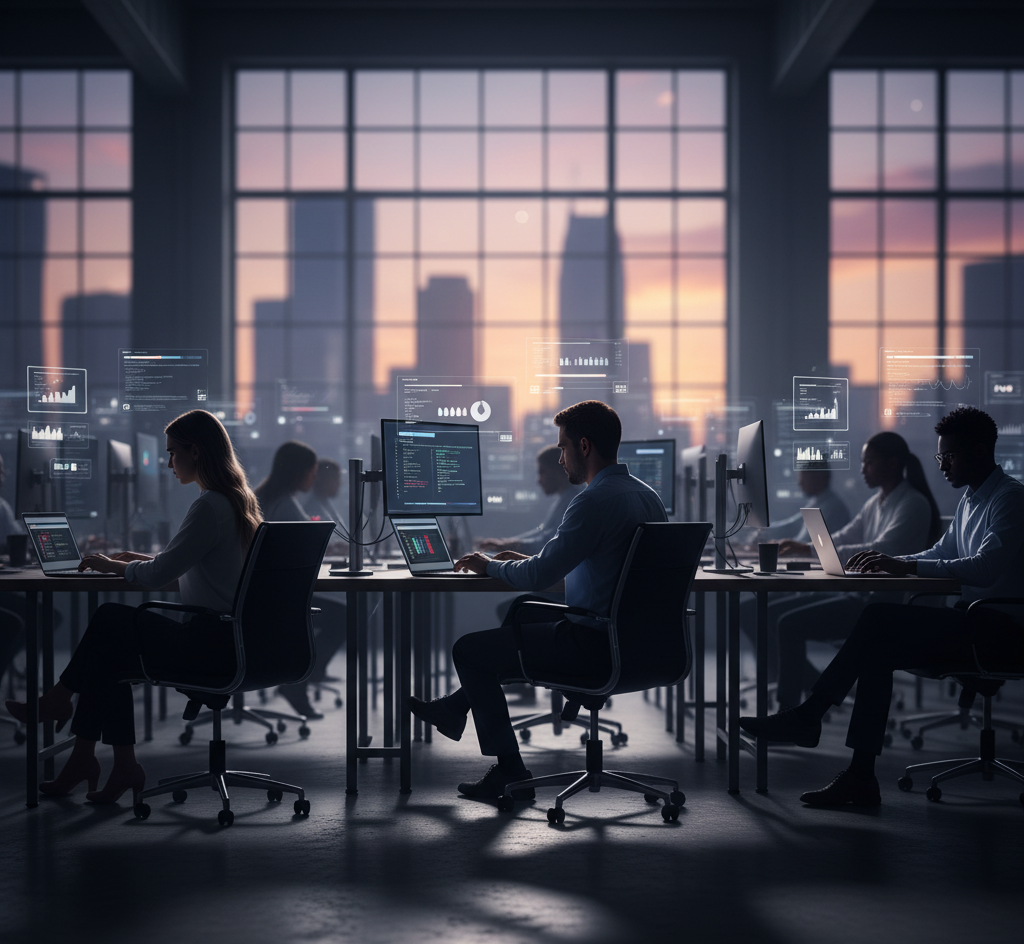 Visualisasi pasar kerja yang kompetitif, dengan beberapa profesional yang bekerja dengan tekun di sebuah kantor modern untuk bisa menonjol di antara yang lain.