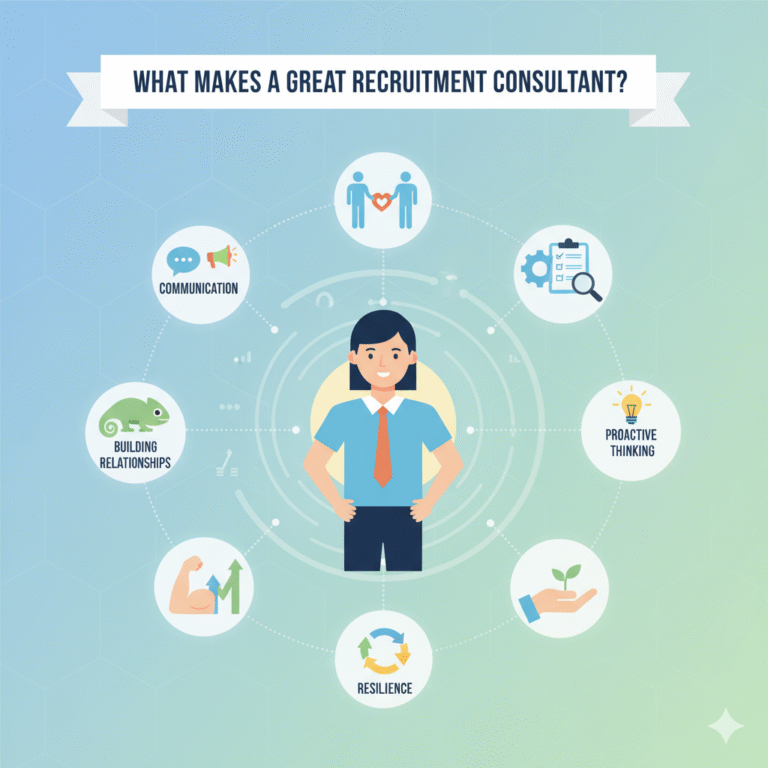 A professional recruitment consultant advising a client and a candidate, showcasing the qualities of a trusted advisor.