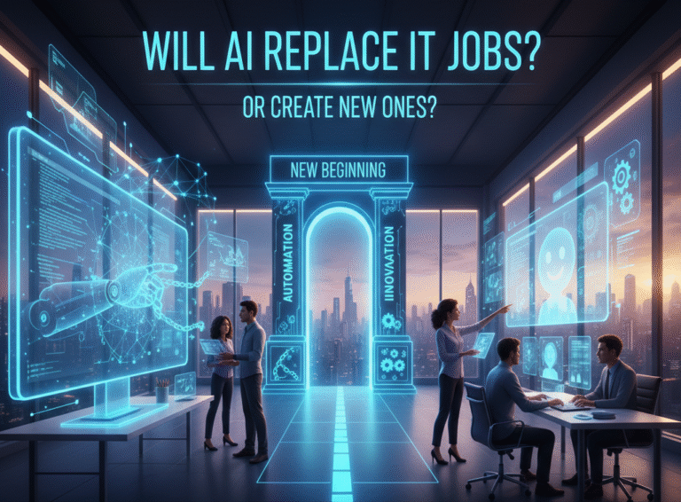The impact of AI on IT jobs, showing a choice between automation and innovation leading to a new beginning for tech careers.