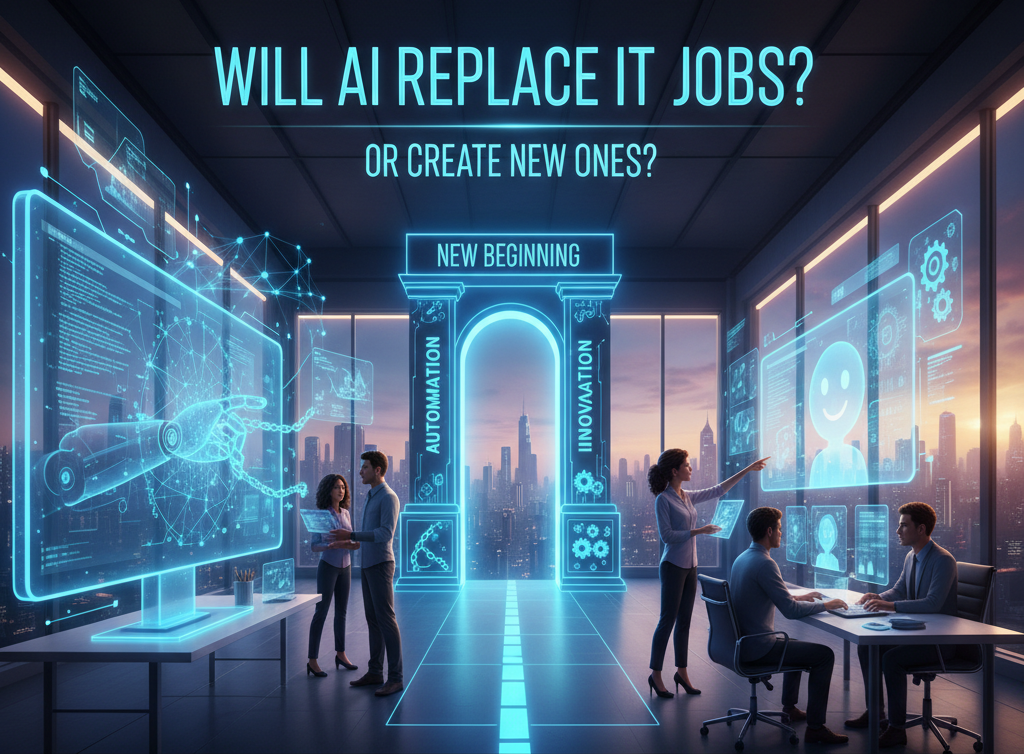 The impact of AI on IT jobs, showing a choice between automation and innovation leading to a new beginning for tech careers.