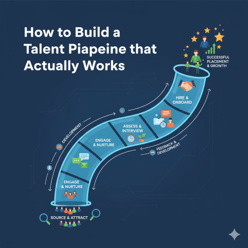 An infographic titled "How to Build a Talent Pipeline that Actually Works" detailing the stages: Source & Attract, Engage & Nurture, Assess & Interview, Hire & Onboard, Feedback & Development, leading to Successful Placement & Growth.