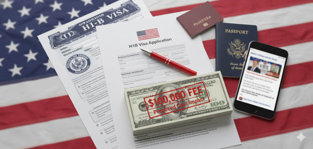 The high cost of the US H1B visa, illustrated by a visa document, a passport, and a stack of money representing the proposed $100,000 fee.