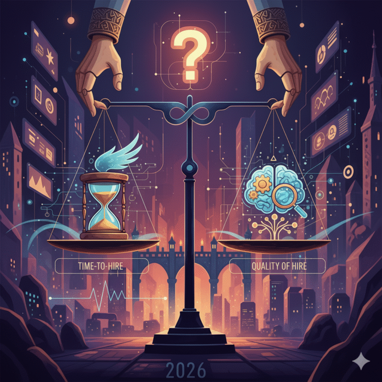 Ilustrasi timbangan yang menyeimbangkan 'Time-to-Hire' (kecepatan) dan 'Quality of Hire' (kualitas), melambangkan dilema metrik rekrutmen di 2026.
