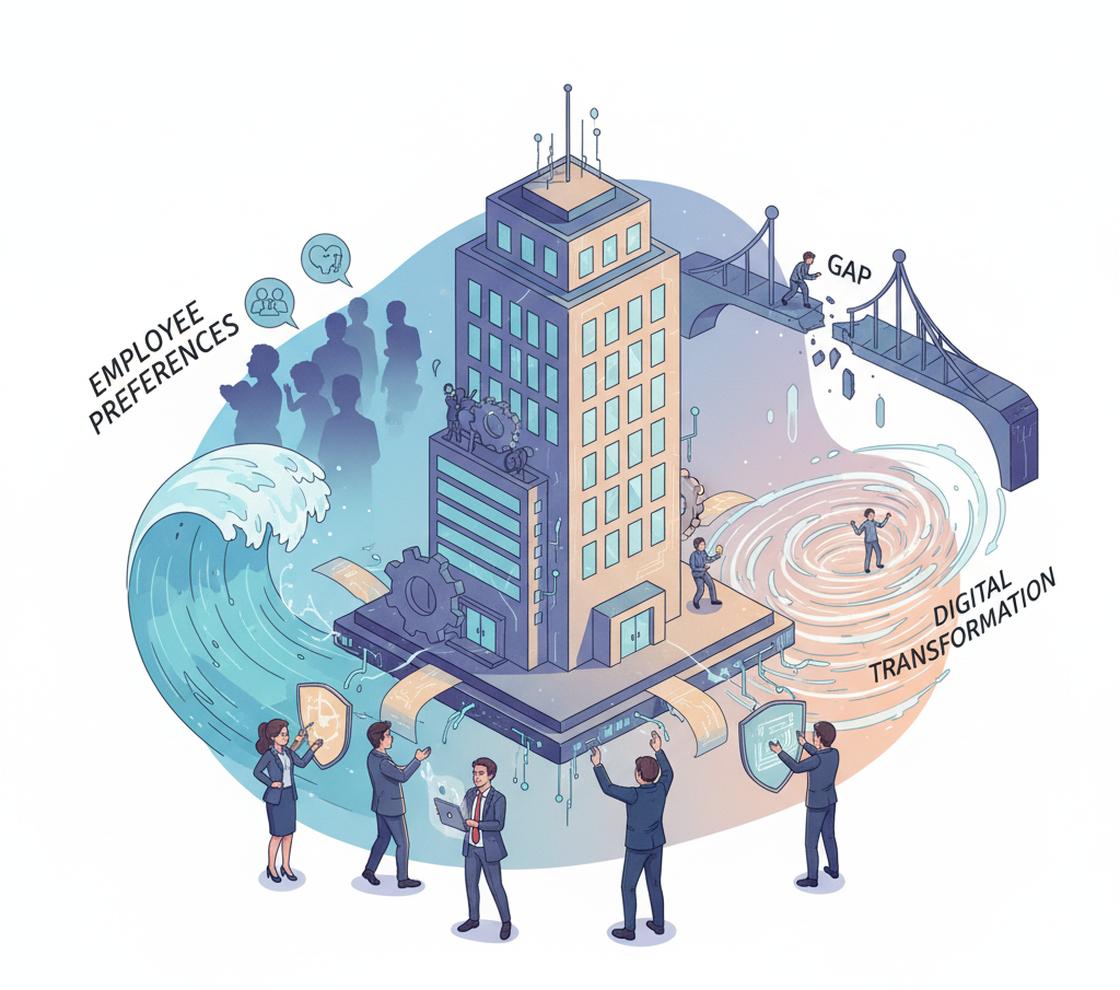 Ilustrasi yang menggambarkan dinamika lanskap talenta di Indonesia pada tahun 2025, dengan elemen teknologi digital dan fokus pada pertumbuhan karyawan.