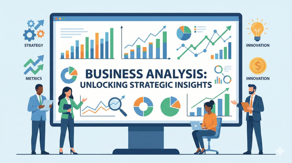 Illustration of a Business Analyst analyzing data charts and business processes to support strategic decision-making.