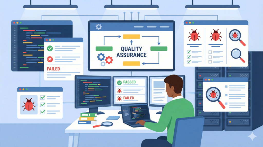 Professional flat-design artwork of a QA engineer testing software quality