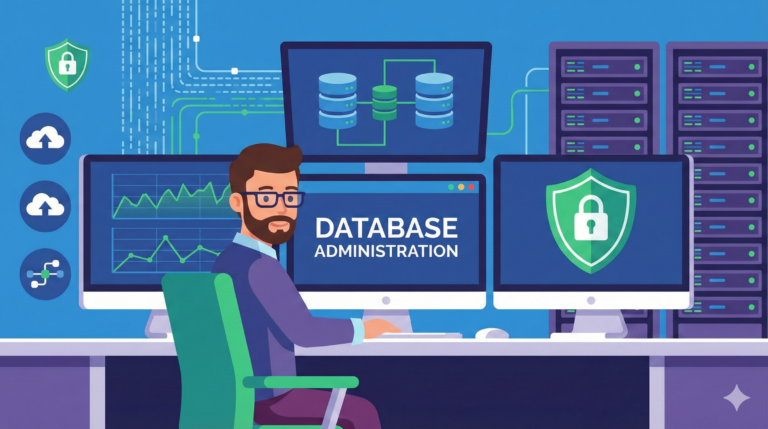 seorang Database Administrator (DBA) sedang memantau performa server dan mengelola keamanan data pada sistem basis data perusahaan