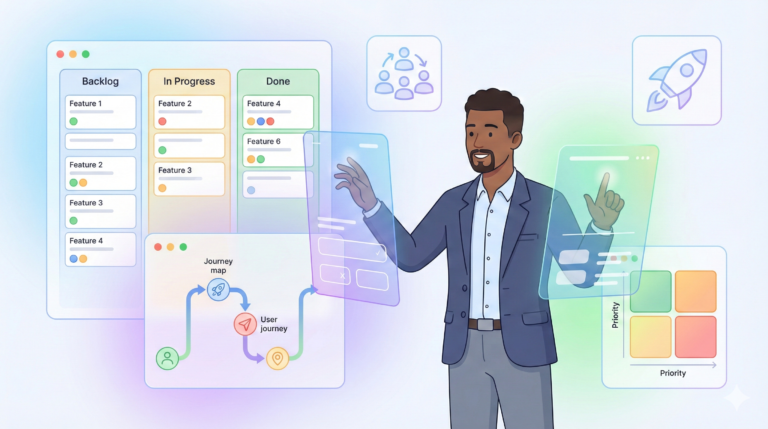 Ilustrasi seorang Product Manager sedang mempresentasikan product roadmap dan strategi pengembangan kepada tim lintas divisi.