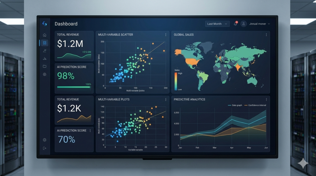 Modern data science dashboard showing interactive charts, KPIs, heatmaps, and predictive analytics used for business insights.