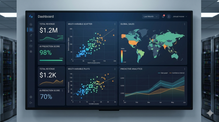 Modern data science dashboard showing interactive charts, KPIs, heatmaps, and predictive analytics used for business insights.