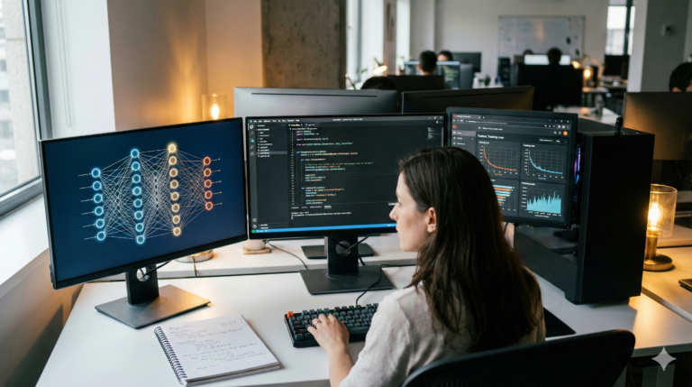 Illustration of an AI Engineer designing machine learning algorithms and optimizing artificial intelligence models for business applications.