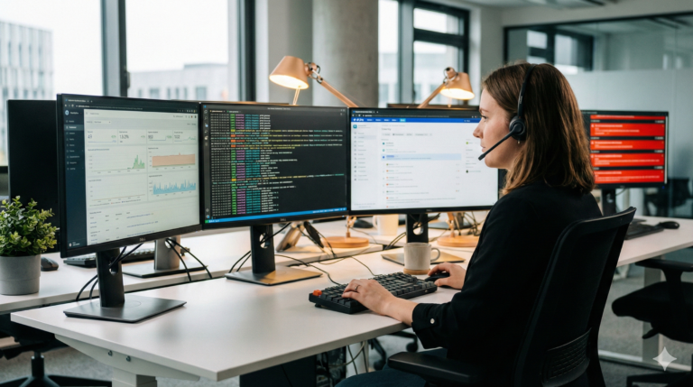 Illustration of an application support engineer with floating error symbols, dashboards, and system diagrams.