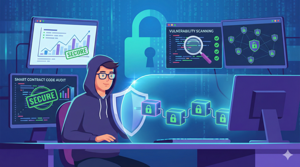 Illustration of secure blockchain development with shields, audits, and encrypted blocks.