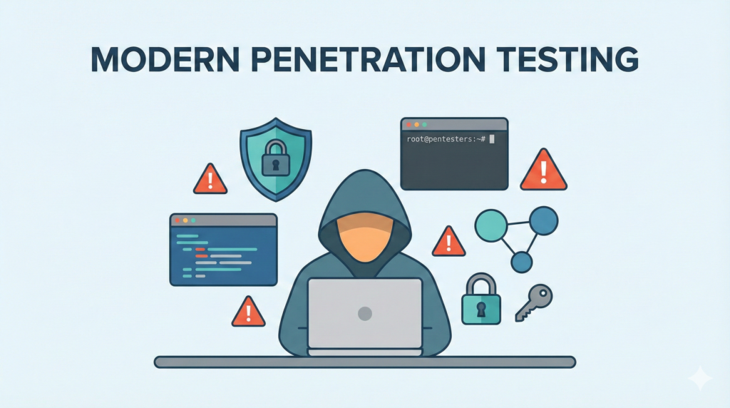 Minimalist flat-design representation of a penetration tester with security symbols and terminal icons.