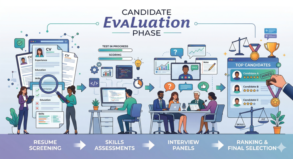Illustration showing resume screening, skill assessments, and interview evaluation steps.