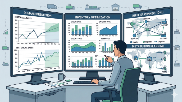 Business analyst forecasting demand with charts and supply chain planning dashboards