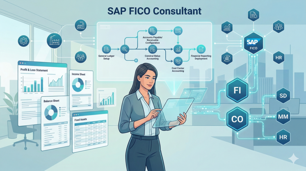 Illustration of ERP financial system implementation with charts, reports, and workflow diagrams.