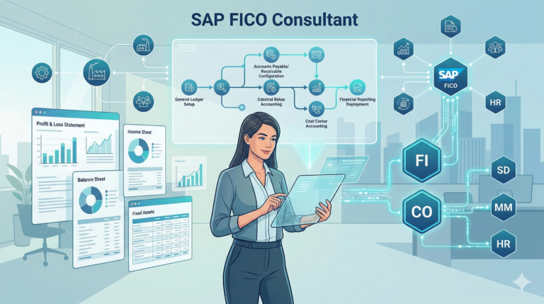 Illustration of ERP financial system implementation with charts, reports, and workflow diagrams.