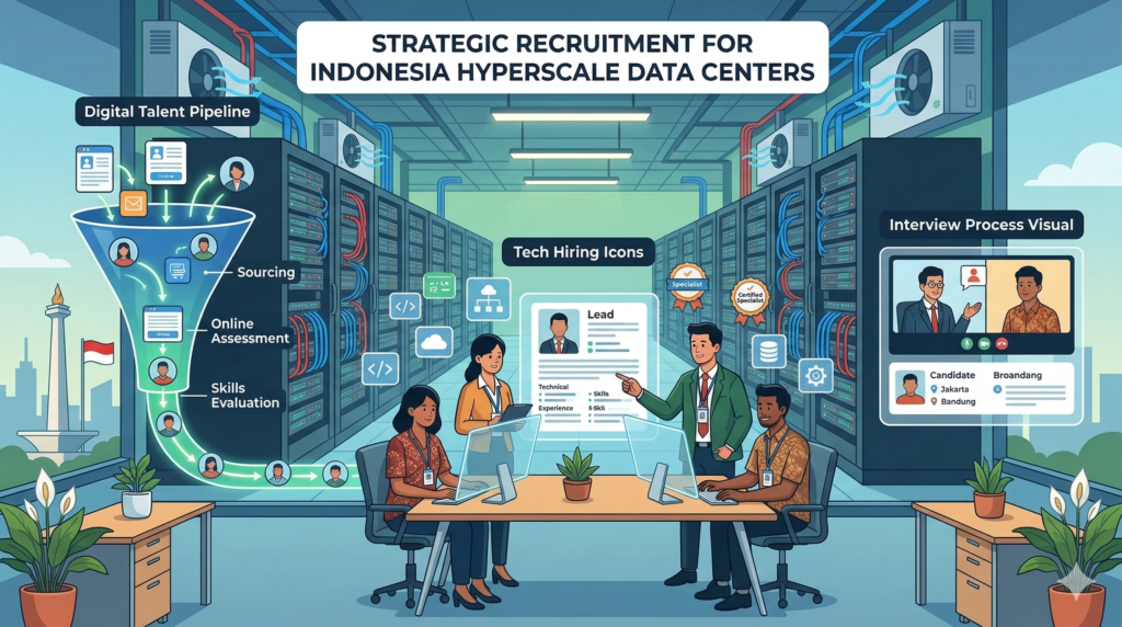 Visual combining hyperscale data center infrastructure with recruitment and talent acquisition elements, representing hiring strategies for Indonesia’s hyperscale data center industry.