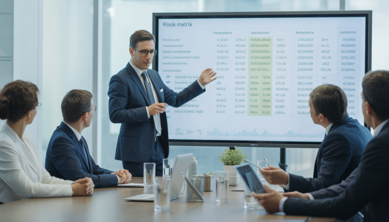 Risk analyst presenting a risk matrix to a corporate team