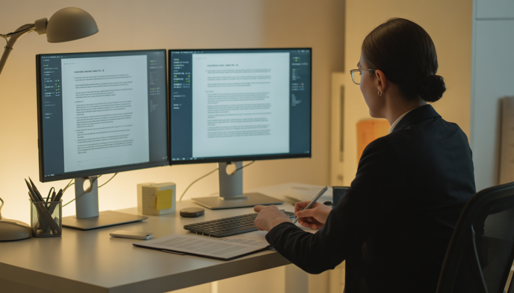 Technical writer preparing documentation at a dual-monitor workstation