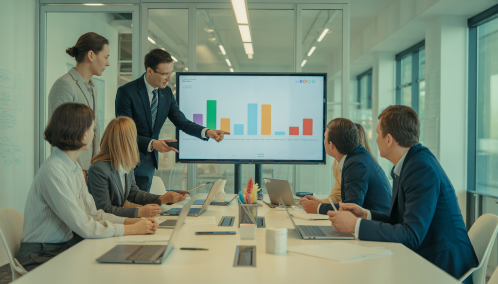 Marketing team reviewing campaign performance in a meeting room