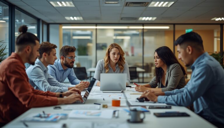 Technology team discussing system architecture in a meeting room