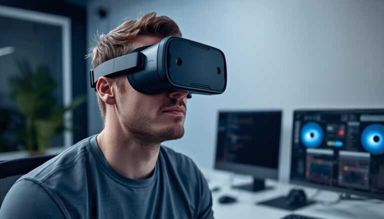 VR developer wearing a virtual reality headset in a modern workspace