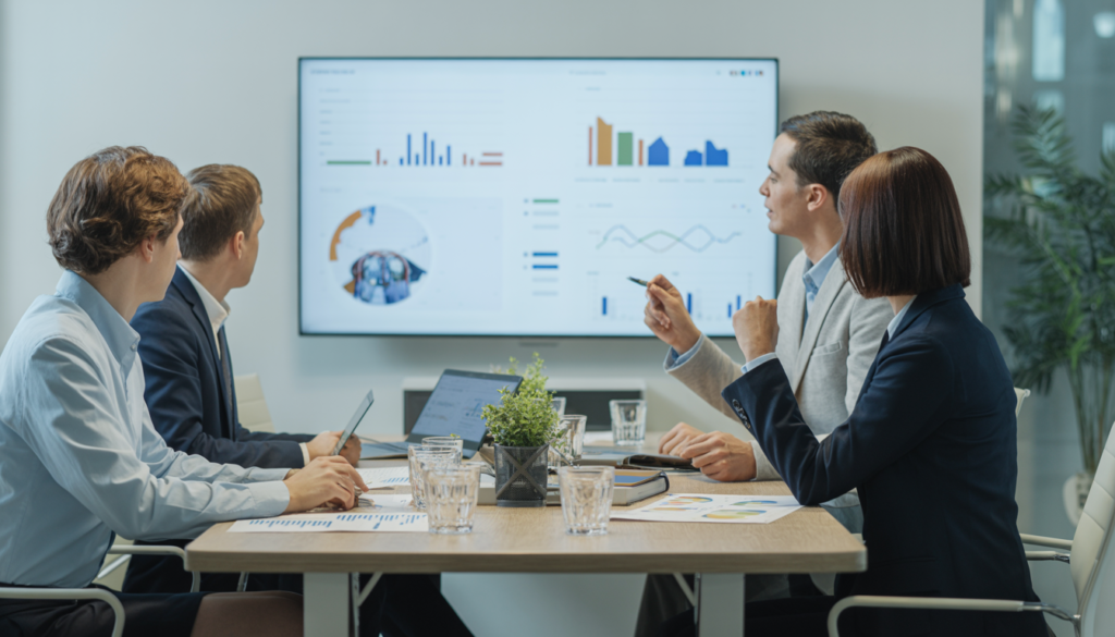 Data analytics team reviewing business insights on a screen