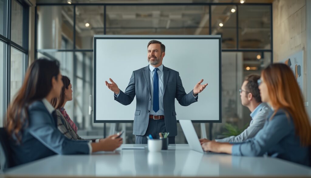 Branch manager leading a team meeting in a modern office