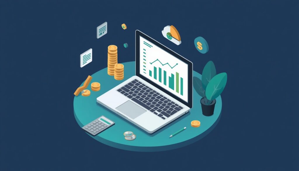 Financial analyst workspace with charts, coins, and financial documents
