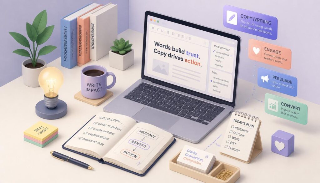 Copywriter workspace with a laptop, notebook, and text bubbles