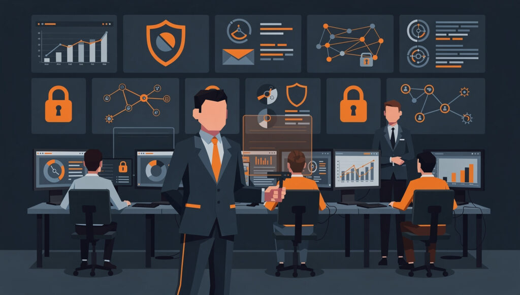 Cybersecurity manager monitoring threats with a security team