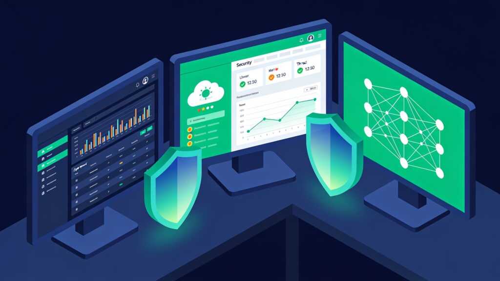 Security engineer workspace with cloud security dashboards and network diagrams