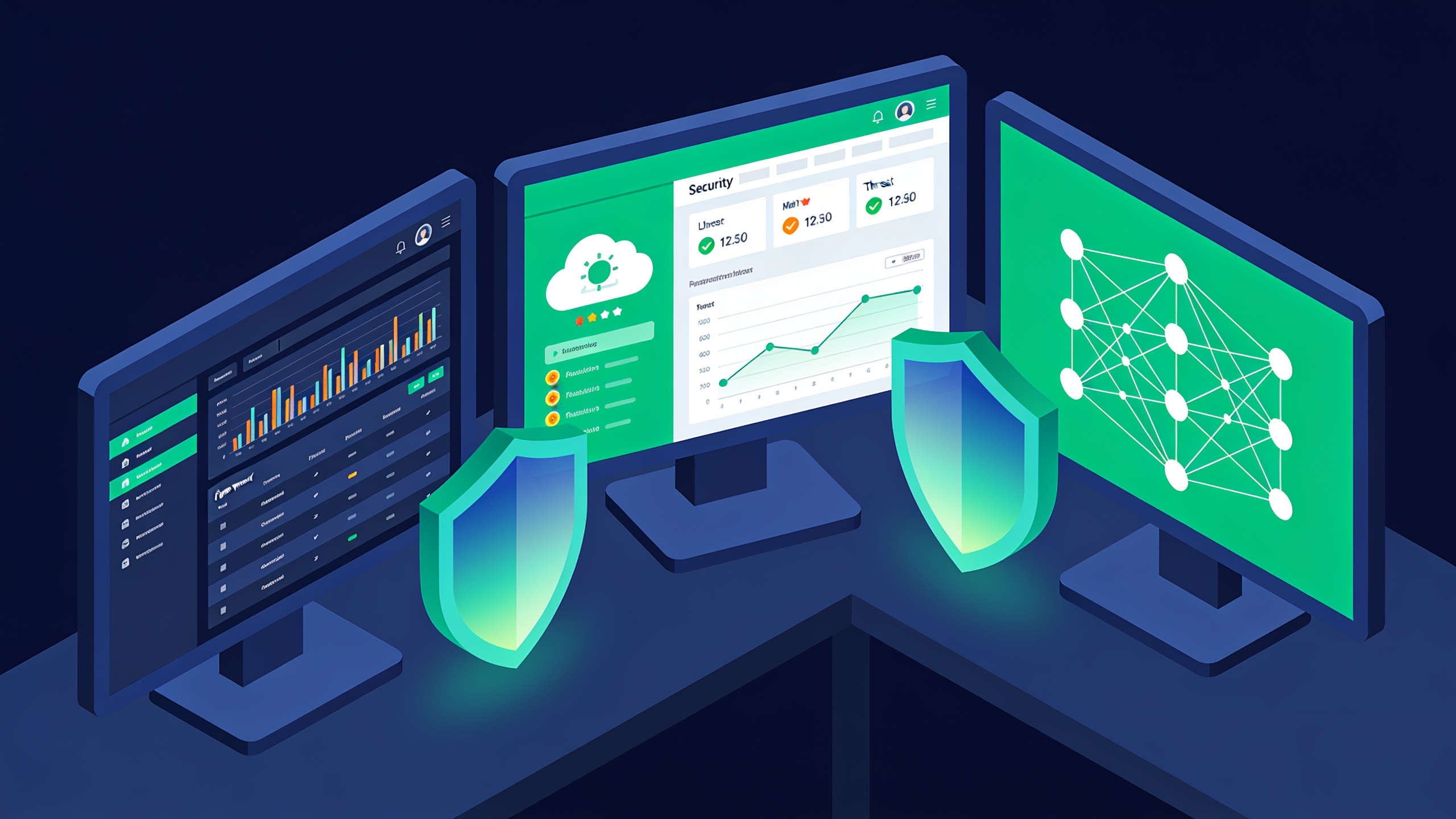 Ilustrasi isometrik workspace Security Engineer dengan dashboard keamanan cloud, diagram jaringan, dan ikon shield