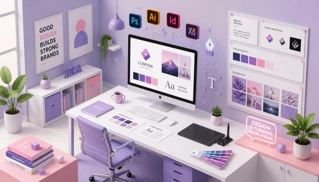 Graphic design studio with color palettes and typography boards