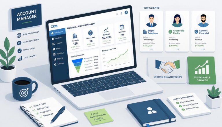 Account manager workspace with CRM, client profiles, and a growth chart