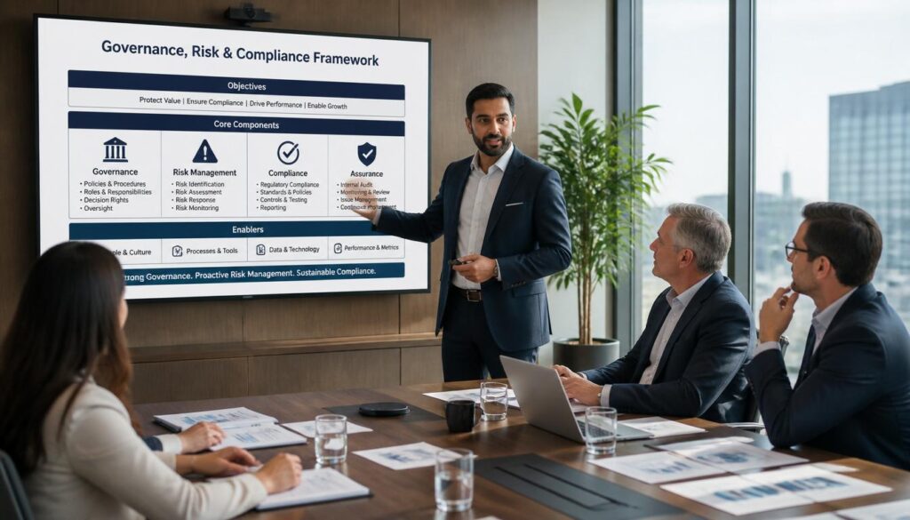 GRC manager presenting a governance and risk framework to executives