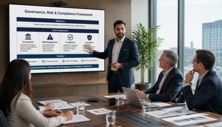 GRC manager presenting a governance and risk framework to executives