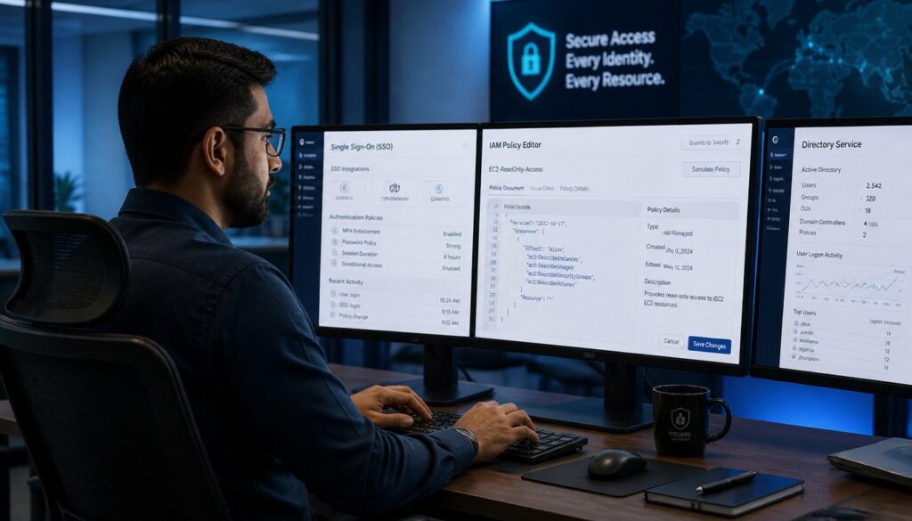 IAM engineer configuring identity and access policies with SSO tools