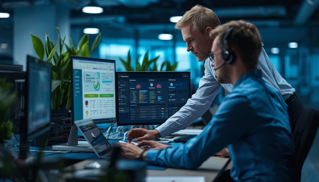 Profesional IT Support di Indonesia membantu karyawan melakukan troubleshooting laptop dan sistem di lingkungan kantor modern.