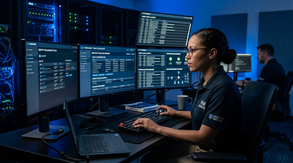 PAM engineer configuring privileged access controls on a secure workstation