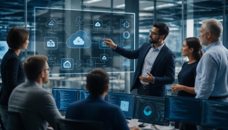 Seorang Solution Architect mempresentasikan arsitektur sistem enterprise berbasis cloud kepada stakeholder bisnis dan tim engineering di kantor modern.